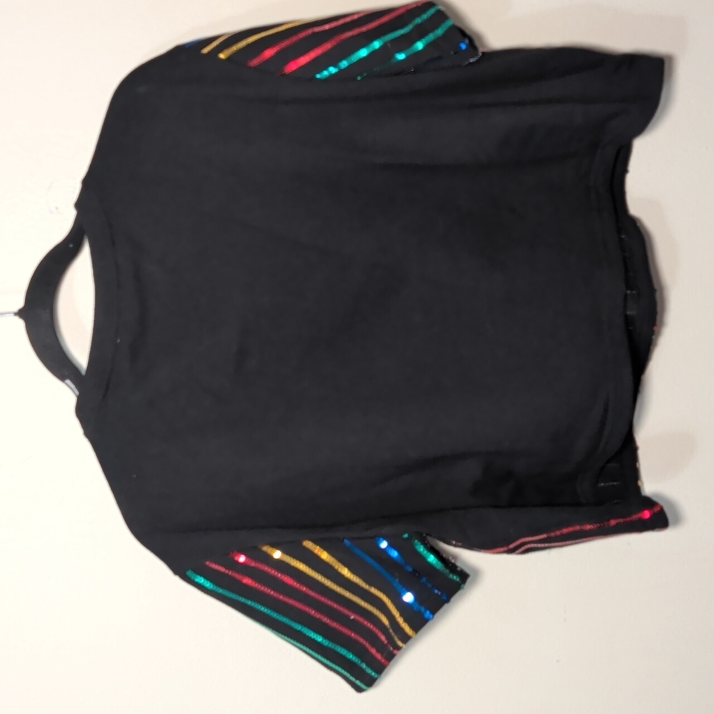 Mainstrip Black Rainbow Sequin Stripe Short Set Cropped Top Women's Size L - Picture 7 of 7